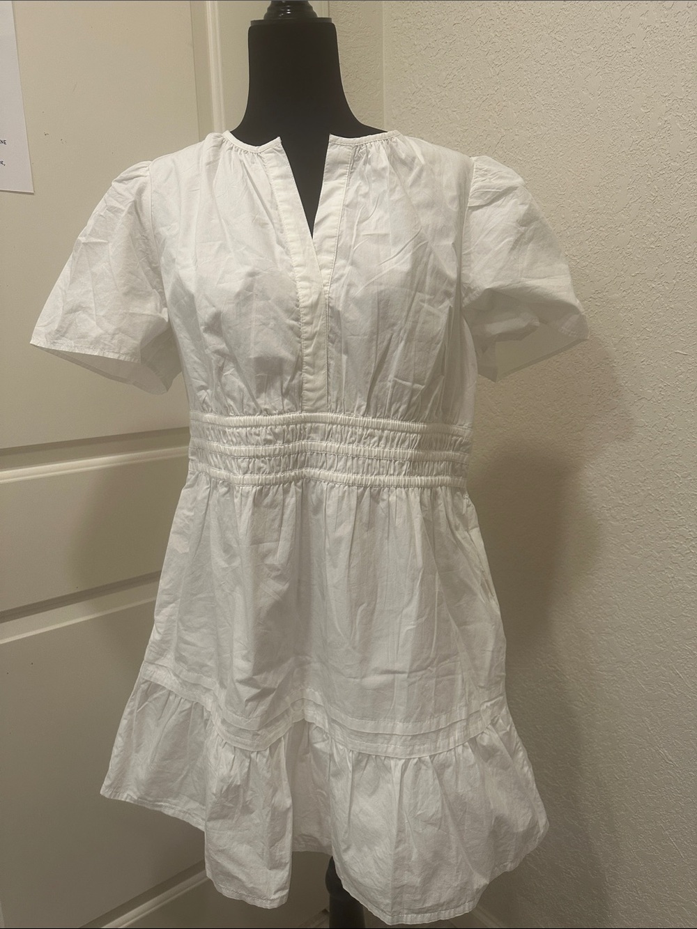 Quince White Short-Sleeve Smocked-Waist Mini Babydoll Dress